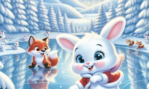 Un pequeño conejo blanco llamado Baltasar, con grandes ojos brillantes y orejas largas, se desliza alegremente sobre un lago helado, su pelaje brillando bajo el sol invernal. Muestra una amplia sonrisa, sus mejillas rosas delatan su emoción. Cerca de él, su amigo Nico el zorro, con su pelaje rojo brillante y cola espesa, lo anima riendo, sus ojos chispeantes de alegría, mientras intenta mantener el equilibrio sobre sus propios patines. El paisaje es un hermoso entorno invernal, con árboles cubiertos de nieve, copos cayendo suavemente del cielo azul claro y colinas blancas a perder de vista. El lago helado brilla como un espejo, reflejando la luz del sol, mientras que animales del bosque se reúnen para admirar la escena. Baltasar y Nico se divierten juntos sobre el hielo, descubriendo las alegrías del patinaje y compartiendo risas, rodeados de la magia del invierno.