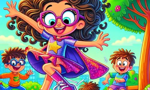 Super Sally, a heroic woman with curly, shiny hair, wears a sparkling cape and squeaky shoes. She has a big joyful smile on her face, her eyes sparkling with mischief as she enthusiastically jumps in the park. Nearby, Wobble, a 10-year-old boy with round glasses and messy hair, tries to jump but stumbles over a small pebble, showing a surprised and amused expression. Tumble, a 9-year-old girl with braids and a colorful t-shirt, laughs while trying to help him up, her eyes shining with joy. Fumble, an 11-year-old boy with an oversized hat, stands a bit apart, laughing at the situation. The park is filled with greenery, with trees boasting bright green leaves and colorful flowers dancing in the wind. Children play on swings and slides under a clear blue sky. The main scene shows Super Sally teaching the Clumsy Trio how to jump joyfully, all laughing together, as bursts of laughter and sparkles float in the air, creating a festive and lively atmosphere.