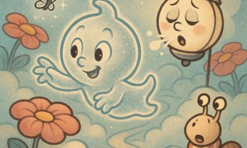 El protagonista es Brilli, un pequeño fantasma redondo, translúcido y tierno, curioso y sonriente, que extiende sus manos hacia una chispa volante parecida a una diminuta mariposa de plata sobre una nube; al fondo hay una linterna lunar antropomórfica de cara redonda, ojos cansados y boca que estornuda, con un brillo pálido y moteado; en primer plano un caracol con una larga bufanda a rayas sobre un pétalo de flor-nube observa sorprendido; escenario: Jardín de Nubes con almohadones de nubes, flores de grandes 