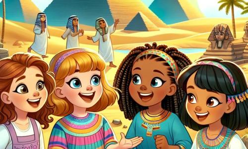 Vier negenjarige meisjes staan samen in een zonnig Egyptisch landschap. Lisa, een meisje met bruin, krullend haar, draagt een kleurrijke jurk en glimlacht enthousiast. Naast haar steekt Emma, een meisje met blond, steil haar, haar armen in de lucht om haar vreugde te uiten. Noor, een meisje met zwart, gevlochten haar, kijkt nieuwsgierig naar een oud papyrus, terwijl Samira, een meisje met kastanjebruin, krullend haar, aantekeningen maakt in een klein notitieboekje. Op de achtergrond torenen de majestueuze piramides onder een stralende blauwe lucht, omringd door weelderige palmbomen en gouden zandduinen. Egyptische arbeiders in tunieken werken aan de bouw van een piramide, met houten gereedschap en stenen. De hoofdscene toont de vier vriendinnen die in gesprek zijn met een jonge Egyptenaar genaamd Amir, die hen helpt de farao te overtuigen de bouw van de piramide te veranderen om een ramp te voorkomen. De opwinding en vastberadenheid op hun gezichten illustreren het belang van hun missie in de tijd.
