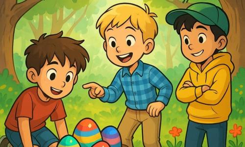 Hay 3 personajes: - Lucas: un niño de 8 años, con cabello castaño desordenado y ojos llenos de curiosidad. Lleva una camiseta roja y un pantalón corto de mezclilla, y está agachado cerca de una madriguera, observando unos huevos coloridos con asombro. - Nicolás: un niño de 7 años, con cabello rubio y mejillas sonrosadas. Lleva una camisa de cuadros azul y un pantalón beige. Está de pie junto a Lucas, señalando un huevo brillante con una gran sonrisa. - Joel: un niño de 9 años, con cabello negro y una gorra verde. Lleva un sudadera amarilla y zapatillas blancas. Está un poco apartado, con los brazos cruzados, mirando a sus amigos con emoción. La escena se desarrolla en un pequeño bosque encantado, lleno de grandes árboles con troncos retorcidos y flores silvestres coloridas. Los rayos de sol se filtran a través del follaje, creando patrones luminosos en el suelo. En el centro, hay una gran madriguera rodeada de huevos de Pascua de colores vivos, como arcoíris sobre la hierba verde. La situación principal muestra a los tres amigos descubriendo huevos de Pascua brillantes y coloridos, con una nota misteriosa al lado, en un ambiente mágico y alegre. Los pájaros cantan a su alrededor, añadiendo una melodía a esta aventura primaveral.