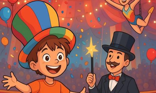 Un niño de 8 años, Lucas, con el cabello castaño desordenado y una gran sonrisa maravillada, lleva un enorme sombrero de payaso multicolor que casi le tapa los ojos. Está de pie en un escenario de circo, con los brazos abiertos, rodeado de confeti que cae del cielo, mostrando una expresión de alegría y emoción. A su lado, un mago de gran sombrero negro y bigote cuidado, de unos 40 años, sostiene una varita mágica brillante y sonríe con orgullo. Un poco más lejos, una trapecista elegante, una joven de unos 25 años, vestida con un traje brillante y colorido, se prepara para saltar al aire, con los brazos extendidos, lista para realizar un número espectacular. El lugar es una gran carpa de circo, con rayas rojas y blancas, llena de luces brillantes y espectadores asombrados. Globos de colores flotan sobre las cabezas, y animales de peluche decoran los bordes del escenario. La situación principal muestra a Lucas, con el corazón latiendo, listo para participar en el gran número de magia, mientras marionetas de papel y estrellas brillantes bailan a su alrededor, creando una atmósfera mágica y alegre.