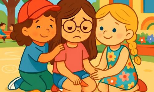Hay 3 personajes: - Martina: una niña de 8 años, con cabello largo y castaño y gafas redondas. Lleva una camiseta rosa y un short de mezclilla. Está sentada en el suelo, con las piernas cruzadas y una expresión triste, sosteniendo un lápiz. - Sofía: una niña de 8 años, con trenzas rubias y una sonrisa cálida. Lleva un vestido de flores coloridas. Está al lado de Martina, tomándole la mano para consolarla. - Clara: una niña de 8 años, con cabello rizado y una gorra roja. Lleva una camiseta azul y pantalones verdes. Está detrás de Martina, dándole un abrazo amistoso para mostrarle su apoyo. El lugar es un patio escolar soleado, con paredes pintadas de colores vivos y dibujos de niños en el suelo. Hay árboles verdes alrededor y bancos de madera donde juegan otros niños. Flores multicolores crecen en jardineras. La situación principal muestra a Martina, triste y preocupada, rodeada de sus amigas que intentan consolarla. Las tres niñas están sentadas en el suelo, con lápices y hojas de papel, listas para crear un 