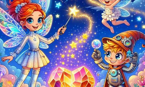 In the center of the image, Luna, a young woman with fiery red hair and eyes shining like two moons, stands with a determined smile. She wears a sparkling spacesuit adorned with stars and holds a magic wand shaped like a screwdriver, illuminated by magical sparks. Beside her, Sparkle, a small fairy with translucent, shimmering wings, joyfully flies. She has a mischievous face and golden hair that floats around her like strands of light, scattering stardust in the air, enhancing the magical atmosphere. A little further back, Gizmo, a tech gnome with messy hair and a copper hat decorated with gears, is manipulating a shiny gadget. He has a focused and enthusiastic look, ready to help Luna repair the Crystal of Harmony. The background is a vibrant celestial landscape, with fluffy, colorful clouds, twinkling stars, and a large heart-shaped crystal, cracked in the center, emitting magical and technological glows. The main scene shows Luna, Sparkle, and Gizmo united in a heroic effort to repair the crystal, blending magic and technology, as bursts of light surround them, symbolizing the restored harmony between the two worlds.