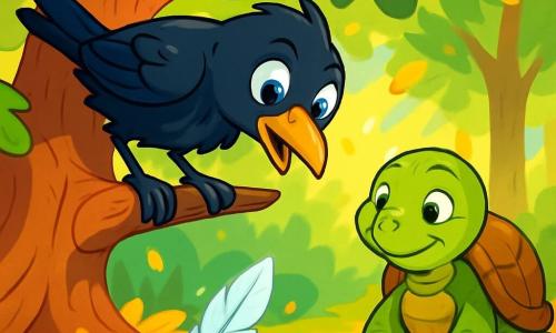 Un giovane corvo di nome Corvin, con piume nere lucenti e occhi pieni di curiosità, è appollaiato su un ramo di una grande quercia. La sua espressione è sia meravigliata che determinata mentre osserva una misteriosa piuma d'argento scintillante posata sul terreno sotto di lui. Nelle vicinanze, la vecchia tartaruga Saggia, con il suo guscio ruvido e occhi saggi, osserva Corvin con un sorriso benevolo, seduta tranquillamente su un tappeto di foglie dorate. La scena si svolge in una foresta incantata, dove i raggi del sole filtrano attraverso il fogliame, creando un gioco di luce magico sul terreno. Corvin, incuriosito dalla piuma d'argento, si sporge in avanti, pronto a scoprirla, mentre una leggera brezza fa danzare le foglie intorno a lui.