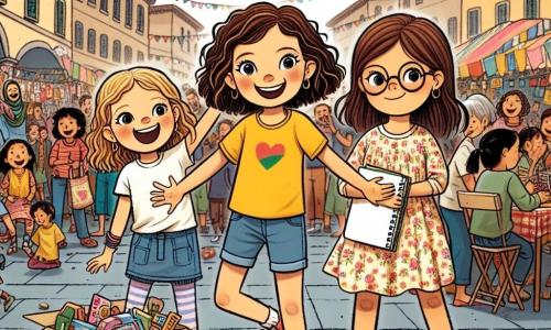 In una bella piazza animata, tre ragazze di undici anni si trovano al centro. Sofia, con capelli castani e ricci, indossa una maglietta gialla e un pantaloncino di jeans, sorridendo con entusiasmo mentre tiene un grande cartello colorato. Alla sua destra, Marta, con capelli biondi e lisci, è vestita con un abito a fiori, tenendo una scatola piena di giocattoli da regalare. A sinistra, Giulia, con capelli castani e occhiali, indossa una maglietta blu e jeans, tenendo un quaderno dove annota le storie delle persone che incontrano. La piazza è decorata con festoni colorati e tavoli pieni di cibo e vestiti da donare. Famiglie e bambini ridono e chiacchierano intorno a loro, creando un'atmosfera calda e gioiosa. Le tre amiche stanno organizzando una raccolta di cibo e vestiti per le famiglie bisognose, circondate da sorrisi e solidarietà, illustrando l'importanza dell'aiuto reciproco e della comunità.