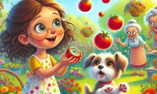 Una niña de 6 años, Lila, con largos cabellos rizados y ojos llenos de curiosidad, sostiene una brillante brújula dorada en sus manos. Sonríe y está llena de entusiasmo, en medio de un jardín colorido lleno de flores y verduras. A su lado, su perrito Pipo, un adorable cachorro de orejas grandes, salta alegremente, listo para atrapar un tomate que flota en el aire. En el fondo, la abuelita de Lila, una mujer mayor con cabello gris recogido y gafas, observa la escena sonriendo, sosteniendo un vaso de limonada. El jardín está soleado, con un gran árbol y tomates rojos flotando como globos, mientras gallinas danzan alrededor, añadiendo un toque de magia y humor. La situación principal muestra a Lila y Pipo, asombrados, mientras los tomates voladores descienden suavemente del cielo, creando una atmósfera alegre y lúdica.