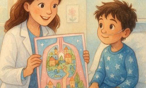 Una dottoressa con un volto benevolo e occhi scintillanti, indossa un camice bianco immacolato ed è accovacciata vicino a un letto d'ospedale. Tiene un poster colorato che rappresenta una città immaginaria all'interno del corpo umano. Un ragazzo di 7 anni, con capelli castani spettinati e occhi curiosi, è seduto sul letto, guardando il poster con meraviglia. Indossa un pigiama blu con motivi di stelle e ha una piccola cannula di ossigeno sul naso. La stanza d'ospedale è luminosa e accogliente, con pareti pastello decorate con disegni di bambini e mobili sospesi a forma di nuvole. La scena principale mostra la dottoressa che spiega con dolcezza il poster al ragazzo, creando un'atmosfera di calma e conforto.