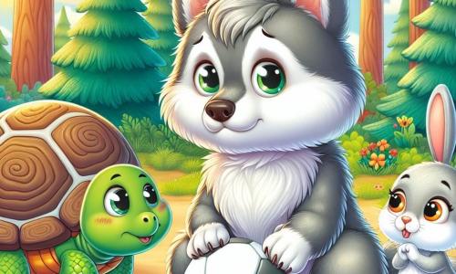 Un pequeño lobo de ojos brillantes y pelaje gris suave se encuentra en el centro de la escena, con una expresión de nerviosismo en su rostro. Tiene orejas puntiagudas y una pequeña cola esponjosa, y mira a sus amigos con un aire dudoso, sosteniendo una pelota desinflada entre sus patas. A su derecha, una tortuga de caparazón verde y brillante, con una sonrisa alentadora, lo observa atentamente. Tiene ojos redondos y amigables, y parece lista para brindarle apoyo. A su izquierda, un pequeño conejo de grandes orejas blancas, con una expresión divertida, está sentado sobre sus patas traseras, listo para escuchar la historia de su amigo. La escena se desarrolla en un claro soleado del bosque, rodeado de majestuosos árboles de hojas verdes brillantes, con flores coloridas que salpican el suelo. La luz del sol filtra a través de las ramas, creando patrones luminosos en el suelo. El pequeño lobo, con un aire de sinceridad, confiesa a sus amigos que ha mentido sobre la pelota que rompió, mientras sus amigos lo escuchan atentamente, listos para ofrecerle su comprensión y amistad.