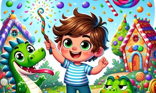 Un ragazzino di 2 anni, Pippo, con capelli castani disordinati e un grande sorriso malizioso, agita una bacchetta magica contorta, circondato da coriandoli colorati. Indossa una maglietta a righe e un pantaloncino blu, e i suoi occhi brillano di eccitazione. Accanto a lui, un drago verde con squame lucenti, grandi occhi assonnati e una piccola corona di carta, ronfa pacificamente. Più lontano, una rana blu con un piccolo cappello di paglia si stropiccia gli occhi, pronta a svegliarsi. La scena si svolge in un villaggio incantato, con case di caramelle dai tetti di zucchero filato e alberi con foglie scintillanti. Pippo, agitando la sua bacchetta, provoca una pioggia di caramelle colorate che cadono dolcemente sui personaggi addormentati, creando un'atmosfera gioiosa e ludica.