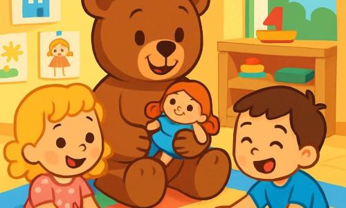 Un orsetto di peluche di nome Leo, con un morbido pelo marrone e occhi scintillanti di gioia, è seduto su un tappeto colorato, tenendo una bella bambola tra le braccia. Sorride ampiamente, mostrando la sua felicità nel giocare. Accanto a lui, una bambina dai capelli biondi e ricci, vestita con un abito rosa a pois, disegna con colori, il suo viso radioso di entusiasmo. Un bambino dai capelli castani, indossando una maglietta blu e pantaloni corti, gioca con delle macchinine, ridendo di gioia. La scena si svolge in una classe luminosa, con pareti gialle e disegni di bambini appesi, scaffali pieni di giocattoli e una grande finestra che lascia entrare la luce del sole. I tre amici si divertono insieme, condividendo i loro giochi, illustrando l'idea che tutti i bambini possono giocare con ciò che li rende felici, senza preoccuparsi degli stereotipi.