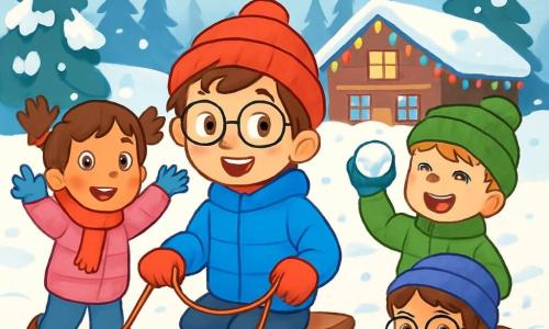 Hay 4 niños: - Martín: un niño de 10 años con cabello castaño desordenado y gafas redondas. Lleva un abrigo azul brillante y un gorro rojo. Está en el centro, sosteniendo un trineo decorado con guirnaldas de colores. - Lucía: una niña de 9 años con cabello largo y rizado, recogido en dos coletas. Lleva una bufanda roja y un abrigo rosa. Está a la izquierda de Martín, sonriendo y levantando los brazos. - Iván: un niño de 10 años con cabello rubio y pecas. Lleva un abrigo verde y un gorro de lana. Está a la derecha de Martín, riendo y sosteniendo una bola de nieve. - Carla: una niña de 9 años con cabello castaño y gafas. Lleva un abrigo morado y guantes amarillos. Está detrás de Martín, recogiendo nieve para hacer una bola. El lugar es una estación de esquí animada, con montañas nevadas al fondo, pinos cubiertos de nieve brillante y luces de colores que decoran el edificio de la cabaña. Caen copos de nieve suavemente, creando un ambiente festivo y alegre. La situación principal muestra a los niños divirtiéndose en la nieve, riendo y jugando con bolas de nieve, listos para participar en una carrera de trineos, rodeados de decoraciones festivas y un ambiente de año nuevo.