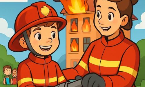 Lucas, un niño de 10 años, lleva un uniforme de bombero rojo brillante, con un casco reluciente en la cabeza. Su rostro expresa una determinación alegre y una ligera sonrisa, mientras sostiene una gran manguera con confianza. A su lado, Marta, una mujer de 30 años, es una bombera experimentada con el cabello castaño recogido en un moño. Ella mira a Lucas con orgullo, lista para ayudarlo en su misión. Al fondo, un edificio en llamas lanza nubes de humo negro al cielo azul, mientras que vecinos preocupados observan la escena. La situación principal muestra a Lucas y Marta preparándose para un rescate, con llamas en el edificio y niños mirando con admiración.