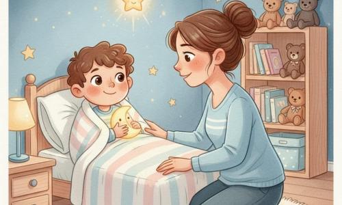 Niño de 4 años, rostro redondo, cabello castaño rizado, ojos grandes y brillantes, sonrisa tranquila, envuelto en un edredón de rayas pastel, sosteniendo una pequeña luz nocturna amarilla en forma de luna contra el pecho; su madre (30–35 años), cabello castaño recogido en un moño suelto, de rodillas junto a la cama con una mano sobre la manta y sonriendo al niño; una pequeña estrella dorada flotante con halo brillante sobre la cama como amigo protector imaginario; habitación infantil acogedora con paredes azul noche y pegatinas de estrellas, estantería de madera clara con peluches y libros, alfombra crema y luz nocturna cálida; escena calmada y reconfortante donde el miedo a la oscuridad se transforma en seguridad, contrastes cálidos (luz) y fríos (pared), estilo acuarela delicado con toques blancos para reflejos y destellos.