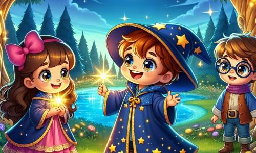 En el centro de la imagen, un joven aprendiz de mago llamado Lucas, de seis años, sonríe ampliamente con los ojos brillantes de curiosidad. Lleva una túnica de mago azul oscuro adornada con estrellas doradas y sostiene una pequeña varita mágica que brilla. A su lado, una niña llamada Sofía, también de seis años, tiene el cabello largo y castaño recogido con un gran lazo rosa. Mira a Lucas con entusiasmo, sus ojos chispeando de emoción, mientras sostiene una pequeña piedra preciosa que brilla en su mano. Otro niño, Pablo, con gafas redondas y cabello castaño, observa atentamente el lago luminoso, frunciendo el ceño en concentración. La escena tiene lugar en un claro encantado, rodeado de grandes árboles nudosos y flores coloridas que parecen bailar con el viento. En el centro, un lago resplandeciente refleja las estrellas del cielo nocturno, creando una atmósfera mágica y misteriosa. Lucas, Sofía y Pablo están realizando un hechizo de luz para liberar la 