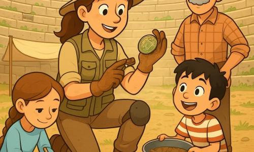 A smiling but focused female archaeologist with dusty hands, chestnut hair in a ponytail and a beige hat, wearing a khaki vest and kneepads, holds a small soft brush and carefully reveals a shiny ancient piece in her palm; to her right crouches Leo, about 8, round, enthusiastic face, messy black hair and a striped T-shirt, eyes wide as he holds a metal sieve of sifted earth; to her left kneels Anya, about 12, brown hair in a braid and a light smock, gently brushing a pottery shard with a fine brush; behind them stands Mr. Sami, about 60, tanned skin and gray mustache, rolled-up plaid shirt sleeves, smiling proudly from the entrance to the dig; the setting is an open-air Roman theatre with curved gray-beige stone tiers, wild grass between slabs, a pale-beige tarp stretched on wooden poles casting a soft shadow, a blue bucket, silver trowels, spiral notebooks with notes and sketches, labeled clear bags, and a small wooden 
