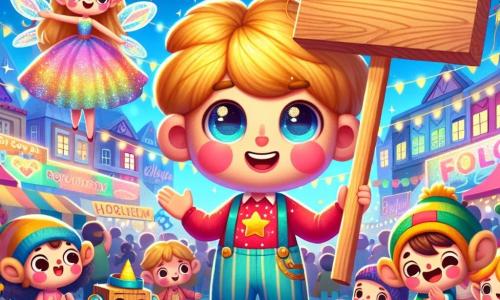 Pinocchio, een jonge houten jongen met gouden haar en sprankelende ogen, glimlacht breed met een enthousiaste uitdrukking. Hij draagt een felrode shirt en blauwe broek, terwijl hij een groot houten bord vasthoudt met de tekst "Kom je verhaal vertellen!" in het midden van een groot plein. Naast hem zweeft de Goede Fee, een vrouw van ongeveer 25 jaar in een glinsterende jurk in pastelkleuren, licht boven de grond met haar stralende vleugels die haar glimlach verlichten. Iets verderop applaudisseert een jongen genaamd Lampwick, ongeveer 10 jaar oud, met grote oren en een groene pet, vrolijk omringd door kleurrijke ballonnen. De locatie is een levendig plein, gevuld met kleurrijke bloemen, dansende robots en blije families, met wapperende vlaggen en fonkelende lichten die een feestelijke sfeer creëren. De hoofdsituatie toont Pinocchio en zijn vrienden die anderen aanmoedigen om hun dromen en verhalen te delen, waardoor een sfeer van vreugde en eenheid ontstaat, waar elke stem telt en elke glimlach het hart verlicht.