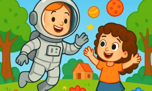 Un'astronauta donna, Sara, sorridente e piena di meraviglia, indossa una tuta spaziale argentata brillante, con un casco trasparente che mostra il suo viso gioioso. Fluttua leggermente nell'aria, circondata da piccole stelle scintillanti. Accanto a lei, una bambina di 7 anni, Chiara, con grandi occhi curiosi e capelli ricci castani, alza le braccia in aria, affascinata dalle storie dell'astronauta. Lo sfondo è un giardino verdeggiante, pieno di fiori colorati e alberi maestosi, sotto un cielo blu brillante punteggiato di nuvole bianche e soffici. In lontananza si intravede una piccola casa di legno. La scena principale mostra Sara che racconta le sue avventure nello spazio a Chiara, che l'ascolta con meraviglia, sognando di diventare astronauta a sua volta. Stelle brillanti e pianeti colorati fluttuano intorno a loro, aggiungendo un tocco magico a questa scena di amicizia e scoperta.