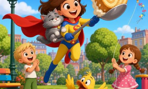 A smiling, joyful superheroine in a shiny red cape and yellow-and-blue suit, short brown hair and big round eyes, grabs a giant rolling cake with a huge spoon in a dynamic, cape-flying, mischievous pose; a blond 5-year-old boy in green pants applauds to the left with wonder, a 6-year-old girl in a pink polka-dot dress with pigtails holds a kite floating above to the right and smiles gratefully, a soft gray cat perches on the heroine's arm purring with a paw on the spoon, and a clumsy yellow duck near a soap puddle in the foreground looks surprised; sunny urban park with green lawn, painted wooden benches, stylized trees, an old lamppost, colorful bin, paved path and blurred colorful buildings in the background; main scene: comic moment as the giant cake rolls and cream splatters, children applaud, warm funny mood, bright colors, soft lighting, childlike reassuring style.
