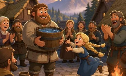 A round-faced man named Sjur with rosy cheeks, short brown hair and a beard carries a large wooden bucket of sparkling water, smiling and determined in coarse wool clothes and muddy leather boots; a girl, Astrid, about 10, with bouncing blonde braids and wide-eyed wonder, jumps forward reaching for the bucket; a fisherman, Tor, with graying mid-length hair, claps and laughs by a campfire to Sjur's right; several friendly villagers hold wooden cups and applaud around them; the setting is a small paved Nordic village square with thatched wooden houses, dark pines and misty mountains in the background at golden dusk with light smoke rising, as the villagers greet Sjur and celebrate his arrival with the clear, shining water.