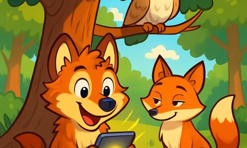 A young wolf with sparkling eyes and autumn-colored fur, Lupo, sits under a large oak tree, gazing in wonder at a small glowing screen in his paws. His expression is joyful and curious, with a wide smile and perked ears. Next to him, a clever fox named Flick, with bright orange fur and a bushy tail, watches Lupo with an amused look, his eyes sparkling with mischief. Luna, the wise owl with soft white feathers, perches on a branch above them, her large round eyes filled with wisdom, observing the scene with a benevolent expression. The setting is a sunny glade surrounded by majestic trees with lush green leaves, colorful flowers scattered on the ground, and rays of light filtering through the branches. The main situation shows Lupo captivated by the glowing screen, while Flick and Luna exchange knowing glances, creating an atmosphere of friendship and discovery in the heart of the forest.