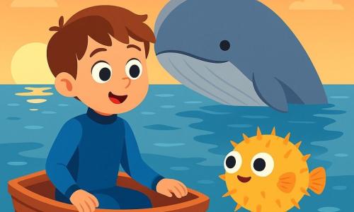 An 8-year-old boy named Tom is sitting in a small wooden boat, his face glowing with curiosity and wonder. He is wearing a blue wetsuit and gazing wide-eyed at the water. Beside him, in the clear water, a pufferfish named Piff swims joyfully, its spines slightly puffed. In the background, a huge and majestic whale calf partially emerges from the water, its smooth gray skin shimmering under the setting sun. The ocean is vast and blue, dotted with golden sun reflections and gentle small waves. The sky is tinged with shades of orange and pink, adding a magical and soothing atmosphere to the scene.