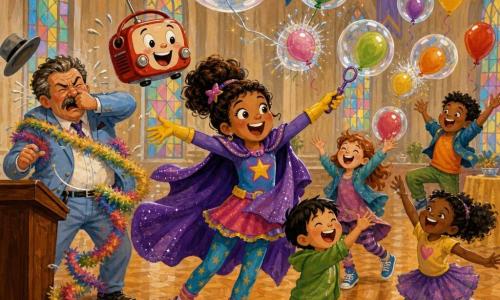 The heroine is Whizzy Wanda, a round-faced, expressive woman with sparkling eyes and a big joyful smile, wearing a colorful outfit with a shiny purple cape and yellow gloves, blowing translucent bubbles that reveal balloons while holding her arms out in a dynamic pose; her companion is Rhonda, a small red retro talking radio with a curved antenna and a painted smiling face, floating at Wanda’s right shoulder; the mayor, a mustached man of about 50 in a slightly rumpled light blue suit, sneezes and drops a tickling garland by a wooden lectern to Wanda’s left; four laughing children (two girls, two boys, 6–8) in bright clothes jump forward to catch the bubble-balloons; the scene is a bright, festive, slightly chaotic town hall with high stained-glass windows, shiny parquet, multicolored bunting, and moving tablecloths as bubbles pop and everyone laughs.