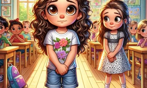 O fată de 10 ani, Ana, stă în centrul imaginii, cu ochi mari și curioși și păr brunet creț. Are o expresie de nervozitate pe față, cu mâinile încrucișate în față și privește timid spre sol. Ana poartă un tricou colorat cu modele florale și o pereche de blugi, iar rucsacul ei mic este așezat la picioare. La dreapta ei, Mara, cea mai bună prietenă de 10 ani, are părul lung și drept, prins într-o coadă de cal. Are o privire înțelegătoare și încurajatoare, cu brațele încrucișate, așteptând răbdătoare ca Ana să vorbească. Mara poartă o rochie cu buline și adidași. În fundal, sala de clasă este luminoasă și primitoare, cu pereți decorați cu desene de copii și rafturi pline de cărți colorate. Feronierile lasă să intre lumina soarelui, iluminând birourile din lemn unde alți copii sunt așezați, observând scena cu curiozitate. Situația principală o arată pe Ana, ezitantă, pe punctul de a-i mărturisi învățătoarei și clasei că a mințit despre proiectul ei școlar. Atmosfera este tensionată, dar plină de speranță, ilustrând momentul crucial în care ea alege să fie onestă.