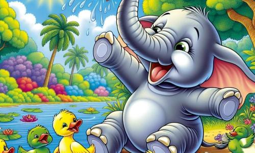 Um elefante feliz chamado Leo, com pele cinza e grandes orelhas, está à beira de um lago, espirrando água com sua tromba enquanto ri. Seus olhos brilham de curiosidade e felicidade. Ao seu lado, um grupo de patos coloridos, com penas amarelas e verdes, desliza sobre uma folha de bananeira, rindo e se divertindo ao tentar não cair na água. O lago é cercado por grandes árvores com folhas verdes vibrantes, e flores coloridas crescem nas margens, adicionando um toque de magia ao ambiente. A cena transmite uma atmosfera de alegria e amizade, enquanto Leo e os patos se divertem juntos, criando respingos e risadas sob o sol radiante.