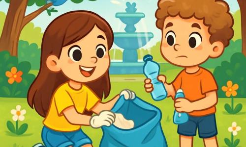 Uma menina de 8 anos, Clara, com longos cabelos castanhos e olhos brilhantes de curiosidade, sorri alegremente enquanto coleta lixo em um parque verdejante. Ela usa uma camiseta amarela vibrante e um short de jeans, e está de joelhos na grama, segurando uma grande sacola plástica para colocar o lixo. Ao lado dela, seu amigo João, um menino de 8 anos com cabelos cacheados e pele clara, segura uma garrafa plástica que acabou de encontrar, com uma expressão determinada no rosto. O parque está cheio de flores coloridas, árvores majestosas e uma bonita fonte no centro, onde pássaros cantam alegremente. Raios de sol filtram através das folhas, criando uma atmosfera calorosa e acolhedora. A cena principal mostra Clara e João em plena ação, cercados de lixo, limpando o parque com entusiasmo, ilustrando seu compromisso em proteger a natureza e em embelezar seu ambiente.