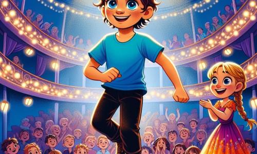 Een 12-jarig jongen, Lucas, met rommelig bruin haar en sprankelende ogen van vastberadenheid, danst op een houten podium, zijn gezicht straalt van vreugde en concentratie. Hij draagt een felblauw t-shirt en zwarte broek, zijn voeten bewegen gracieus en vangen de energie van de muziek. Naast hem moedigt Emma, een 12-jarig meisje met gevlochten blond haar en een bemoedigende glimlach, hem aan vanaf de rand van het podium, gekleed in een kleurrijke jurk die lichtjes draait met de wind. Op de achtergrond is het theater vol enthousiaste toeschouwers, met fonkelende lichten die het podium verlichten en een feestelijke sfeer creëren. De belangrijkste situatie toont Lucas midden in zijn dans, waarbij hij zijn passie en vreugde uitdrukt, terwijl Emma enthousiast aanmoedigt en het publiek luid applaudisseert.