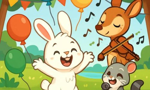 Un alegre conejito llamado Bruno, con un pelaje suave y blanco como la nieve, grandes orejas caídas y ojos brillantes de felicidad, está saltando de alegría en medio de un campo verde, rodeado de globos coloridos que flotan en el aire. A su lado, Violeta, una elegante cierva con pelaje marrón claro y ojos dulces, toca el violín, sonriendo y concentrada, mientras notas musicales parecen danzar a su alrededor. Más lejos, Tito el mapache, un pequeño roedor con pelaje gris y grandes orejas, sostiene un pequeño micrófono, riendo con entusiasmo. El lugar es un campo soleado, salpicado de flores brillantes y árboles majestuosos, con un lago brillante al fondo. Guirnaldas de colores vivos cuelgan de las ramas, y risas de amigos resuenan en el aire. La escena principal muestra a Bruno celebrando su cumpleaños, rodeado de sus amigos, todos listos para cantar y divertirse, con globos flotantes y risas que llenan la atmósfera alegre.