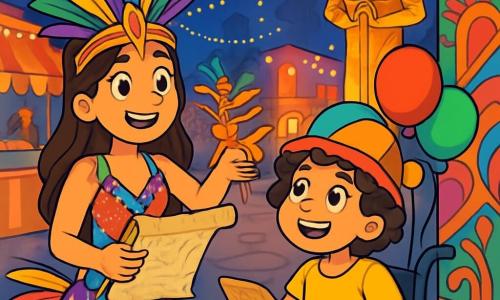 Hay 2 personajes principales: - Lilia: una niña de 11 años, con largos cabellos castaños y ojos brillantes. Lleva un hermoso disfraz de carnaval de colores vivos, adornado con lentejuelas y plumas. Está de pie, sonriendo, sosteniendo un viejo pergamino en sus manos. - Sofía: una niña de 11 años, con cabello corto y rizado, que lleva un colorido sombrero de payaso. Está sentada en su silla de ruedas, rodeada de globos multicolores, y mira a Lilia con entusiasmo. El lugar se desarrolla en el corazón de una plaza animada del carnaval, llena de decoraciones brillantes: guirnaldas de luces centelleantes, puestos de comida colorida y bailarines con trajes llamativos que giran y danzan. Al fondo, una gran estatua dorada, el Guardián del Carnaval, se erige majestuosamente, iluminada por faroles. La situación principal muestra a Lilia y Sofía en plena búsqueda de un tesoro escondido, con Lilia señalando una antigua pared decorada con frescos coloridos, mientras Sofía examina atentamente un viejo mapa. La atmósfera es alegre y festiva, llena de risas y música, capturando el espíritu del carnaval.