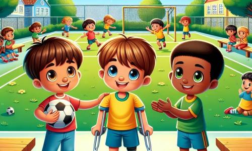 Em um pátio ensolarado da escola, três meninos estão juntos. Lucas, um garoto de 10 anos com cabelos castanhos e olhos brilhantes, sorri alegremente segurando uma bola de futebol. Ao seu lado, Tomás, um menino de 10 anos com cabelos castanhos e pele clara, usa uma bengala para se apoiar, exibindo um sorriso tímido, mas feliz. Por fim, João, um garoto de 10 anos com cabelos negros e pele morena, aplaude entusiasticamente, com os braços levantados em sinal de incentivo. O pátio está cheio de cores vibrantes: árvores verdes, bancos de madeira e crianças brincando ao longe. O céu é de um azul radiante, salpicado de algumas nuvens brancas. A cena mostra Tomás, que acabou de terminar uma corrida de revezamento, recebendo aplausos e incentivos de seus amigos. Os rostos dos meninos irradiam alegria e camaradagem, ilustrando a tolerância e a aceitação das diferenças.