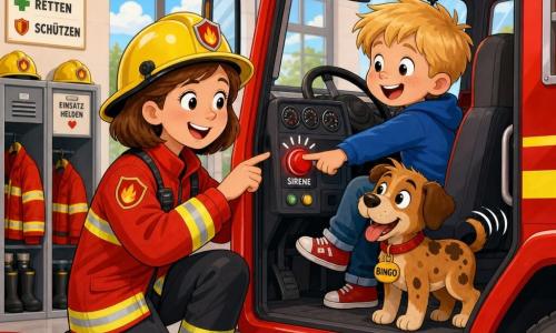 A smiling, confident female firefighter with short brown hair under a shiny yellow helmet, wearing a red reflective jacket and black boots, kneels to show a fire truck dashboard to a laughing blond boy of about five who sits in the driver's seat pressing the siren button while Bingo, a small brown spotted dog, wags his tail on the floor; the bright fire station interior shows a polished red truck, coiled hoses, a ceiling ladder and open lockers, and the scene is a joyful learning moment with soft light, vivid colors, clear style, bold lines and exaggerated expressions for young children.