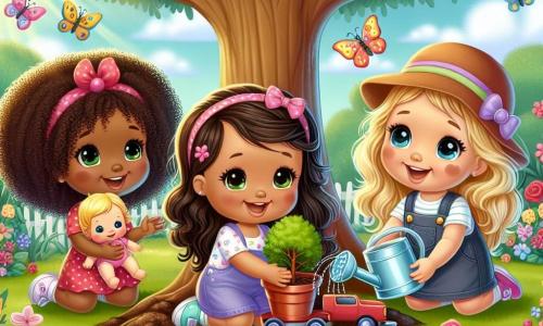 Drei kleine Mädchen, Lila, Mira und Emma, versammeln sich unter einem großen Baum. Lila, ein 6-jähriges Mädchen mit lockigem Haar und einem strahlenden Lächeln, hält eine Puppe in den Armen. Neben ihr läuft Mira, ein 7-jähriges Mädchen mit langen braunen Haaren und funkelnden Augen, einem bunten Schmetterling hinterher. Schließlich schiebt Emma, ein 5-jähriges Mädchen mit blonden Haaren und einer kleinen Mütze, einen kleinen Spielzeugwagen, der mit Erde und Gartenwerkzeugen gefüllt ist. Der Ort ist ein zauberhafter Garten, gefüllt mit leuchtenden Blumen in lebhaften Farben, wie roten Rosen, gelben Sonnenblumen und zarten Veilchen. Der Boden ist mit einem sanften grünen Rasen bedeckt, und der Himmel ist strahlend blau, gesprenkelt mit einigen flauschigen weißen Wolken. Die Hauptsituation zeigt die drei Freundinnen, die einen jungen Baum pflanzen, was ihre Freundschaft symbolisiert. Sie lachen und singen fröhlich, während sie die Erde mit bunten Gießkanne gießen, während die Sonne über ihnen scheint und ihr Glück und die Schönheit ihres Gartens erhellt.
