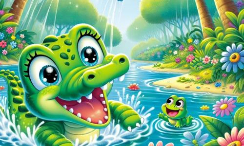 Kiki, de blije groene krokodil met grote sprankelende ogen en een brede glimlach, zwemt in een glinsterende rivier, omringd door kleurrijke bloemen. Ze lijkt opgewonden en vol energie, klaar voor avontuur. Naast haar springt een kleine blauwe vis met glanzende schubben van blijdschap, en een groene kikker met grote ronde ogen, die op een blad zit en enthousiast Kiki aanmoedigt. De scène speelt zich af in een weelderig bos, waar grote bomen met dikke stammen naar de lucht reiken en zonnestralen door het loof filteren, waardoor de rivier die zachtjes kronkelt verlicht wordt. Kiki en haar vrienden bereiden zich voor om op avontuur te gaan om de mooiste bloemen van het Verre Bos te vinden, met blije en opgewonden gezichten, klaar om samen te springen en te verkennen.