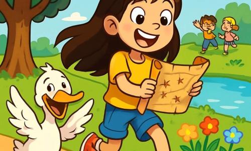 Una niña de 10 años, llamada Sofía, con largos cabellos castaños y ojos llenos de curiosidad, lleva una camiseta amarilla brillante y un short de mezclilla. Está saltando de alegría, con una gran sonrisa en el rostro, sosteniendo un viejo rollo de mapa en sus manos. A su lado, un pato grande y curioso con plumas blancas y amarillas, con un aire travieso, parece animarla batiendo sus alas. El escenario es un parque soleado, con un gran roble de follaje verde, un camino de tierra bordeado de flores coloridas y un estanque brillante cerca. Al fondo, niños juegan y ríen, añadiendo una atmósfera alegre a la escena. Sofía, llena de entusiasmo, está a punto de resolver un misterio buscando un tesoro escondido, rodeada de la magia y la aventura que la esperan.