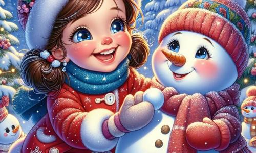 A 5-year-old girl, Lucy, with big sparkling eyes and a bright smile, is wearing a red jacket with white buttons, a blue hat, and soft mittens. She is building a snowman, her cheeks rosy from the cold and her face radiating joy. Next to her, her mother, a woman in her 30s with brown hair in a bun and a black coat, helps her roll a big snowball, smiling proudly at her daughter. The setting is a magical winter garden, covered in a thick layer of sparkling snow, with trees laden with snow and a light blue sky sprinkled with falling snowflakes. The scene shows Lucy and her mother actively laughing and having fun as they decorate their snowman with stones for eyes and a carrot for the nose, creating a warm and joyful moment in the heart of winter.