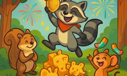 Marvin, a mischievous raccoon with gray and black fur, wears a red scarf and has a big smile of determination. He is joyfully jumping over a pile of animal-shaped cheese, holding the precious sparkling Golden Acorn in his paws. Nearby, Pip, a small laughing mouse with brown fur and sparkling eyes, dances while waving colorful socks, her face beaming with joy. Mayor Whiskerton, an old squirrel with light brown fur and a bushy tail, watches proudly with his little paws clasped in front of him. The scene takes place in a sunny clearing surrounded by majestic trees, where amusingly shaped cheese sculptures are scattered, creating a festive and playful atmosphere. Marvin, surrounded by his friends, celebrates his victory after solving a playful riddle, while colorful fireworks light up the sky, adding a touch of magic to this joyful adventure.
