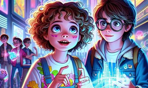 Op de voorgrond staat een 11-jarig meisje, Lila, met glanzend, lichtbruin krullend haar, een kleurrijk t-shirt en lichtgevende sneakers. Haar gezicht straalt nieuwsgierigheid en opwinding uit terwijl ze naar een enorm futuristisch gebouw kijkt. Haar ogen schitteren van verwondering en ze houdt een klein gadget vast dat ze heeft gemaakt, klaar om te verkennen. Naast haar staat haar beste vriend Sam, een 12-jarige jongen met ronde bril en verward haar, gebogen over een holografische kaart. Hij draagt een spijkerjack en een t-shirt met robotmotieven. Zijn uitdrukking is geconcentreerd, wat zijn enthousiasme voor hun volgende avontuur laat zien. De achtergrond speelt zich af in het hart van Neonstad, een futuristische stad met gebouwen die schitteren van felle lichten en vliegende voertuigen die door de lucht glijden. De straten zijn geplaveid met lichtgevende tegels en kleurrijke hologrammen zweven in de lucht, wat een magische en dynamische sfeer creëert. De hoofdscène toont Lila en Sam voor de ingang van een mysterieus gebouw, "Neon Innovaties", met een holografische deur die van kleur verandert. Ze staan klaar om naar binnen te gaan, hun gezichten verlicht door het neonlicht, vol ongeduld om de geheimen die zich daar verbergen te ontdekken.