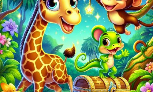 A giraffe named Geraldine, with an elegant long neck and golden spots on her fur, displays a look of wonder and curiosity, her eyes shining with excitement. She stands in a lush jungle, surrounded by large green leaves and bright flowers. Beside her is a mischievous little monkey named Benny, with brown fur and playful eyes, joyfully swinging from branch to branch, laughing heartily. Nearby, a vivid green lizard named Larry, with shimmering scales, observes with intrigue, holding a colorful gadget in his small paws. The scene takes place in a magical clearing, bathed in moonlight, where an old wooden chest, adorned with animal patterns, is half-buried in the ground, surrounded by colorful flowers. Geraldine, Benny, and Larry are discovering the hidden treasure together, their faces lit up with joy and wonder, ready for a new adventure.
