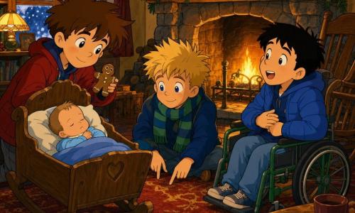 Three characters: Léo, 9, brown tousled hair, round cheeks, red hooded coat, holding a gingerbread but looking at and gently rocking the crib on the left; Max, 9, blond spiky hair, bright eyes, green-and-blue striped scarf, seated center tapping the rug rhythmically; Sam, 9, short black hair, blue puffer jacket, in a green-painted metal wheelchair on the right, softly singing to the baby. Setting: old house living room with shiny wood floor, thick red-and-gold rug, stone fireplace with three lit candles, a small fir branch with fairy lights, frosted window with falling snow, warm orange light from the hearth and small Christmas lamps. Main scene: the wooden crib at center holds a dozing baby; the boys create a calm, cozy atmosphere to lull the baby to sleep—soft expressions, slow gestures, dim lighting, visible breath at the window and a few gingerbread crumbs on the table.