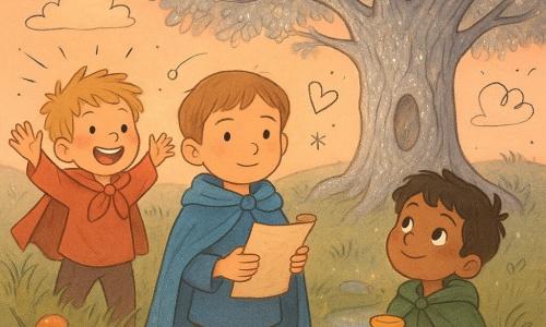 Three boys: Tom (5), calm, short light-brown hair, serene face, wearing a blue scarf cape, center front holding a small rolled map; Sam (5), lively, messy blond hair, wide smiling mouth, red scarf cape, left of Tom applauding and offering a colorful braided ribbon to a low branch; Ben (5), dreamy, dark brown hair, bright eyes, green worn-fabric cape, right of Tom holding a small jar of honey and looking at the tree. Setting: atop a grassy hill at dusk beneath a large Silver Oak with shimmering metal-like leaves, textured hollow silver bark with a small glowing hole at the base, tall swaying grass, glowing mushrooms around the roots, a pastel pink-orange sky with soft clouds and a small wet clearing where a stream gleams in the background. Main scene: the boys gathered before the Silver Oak—Tom showing the map, Sam reaching a ribbon to a branch, Ben smiling with the honey jar; the tree reveals a small bright silver mirror reflecting luminous faces; warm and silver tones, dim lighting with light patches among the leaves; childlike illustrative style with rounded lines, paper textures and a doodle overlay (arrows, small stars, handwritten notes) around the characters.