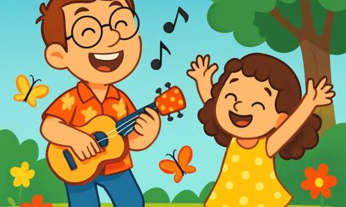 Ein fröhlicher Mann, Tom, mit braunen Haaren und runden Brillen, lächelt breit, während er auf seiner kleinen bunten Gitarre spielt. Er trägt ein blumenbedrucktes Hemd und eine blaue Hose und singt begeistert mit funkelnden Augen. Neben ihm tanzt ein kleines Mädchen, Mia, etwa 7 Jahre alt, mit hübschen braunen Locken und einem großen Lächeln im Takt, die Arme zum Himmel erhoben. Sie trägt ein gelbes gepunktetes Kleid und rosa Sandalen. Die Szene spielt in einem sonnigen Garten, gefüllt mit bunten Blumen und schimmernden Blütenblättern, während Schmetterlinge umherflattern. Ein großer schattiger Baum steht im Hintergrund, und der Himmel ist strahlend blau mit einigen flauschigen weißen Wolken. Tom und Mia singen zusammen ein fröhliches Lied über die Schönheit der Natur und teilen ihr Glück mit den Nachbarn. Ihre strahlende Energie und Verbundenheit erhellen die Atmosphäre und schaffen einen magischen Moment von Musik und Freundschaft.