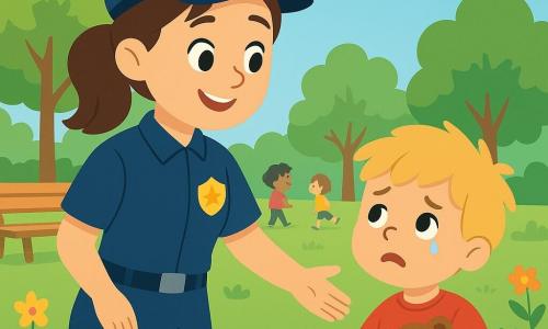 Una policía sonriente, Ana, está de pie en un parque verde. Lleva un uniforme azul con un logotipo brillante en el pecho. Su cabello castaño está recogido en una coleta, y sus ojos brillan con amabilidad. Extiende la mano hacia un niño pequeño que llora, reconfortándolo con una cálida sonrisa. El niño, de unos 5 años, tiene el cabello rubio desordenado y lleva una camiseta roja. Mira a Ana con ojos llenos de esperanza, sosteniendo un juguete de peluche en sus brazos. Detrás de ellos, el parque está lleno de árboles frondosos y flores coloridas. Hay bancos de madera dispersos y niños jugando a lo lejos. Un cielo azul claro se extiende arriba, salpicado de algunas nubes blancas. La situación principal muestra a Ana ayudando al niño a encontrar a su mamá. Ella habla suavemente, tranquilizándolo, mientras él se siente cada vez más seguro a su lado.