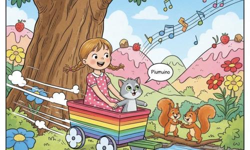 Una bambina di 6 anni, radiosa e meravigliata, capelli castano chiaro in codini, grandi occhi sorridenti, in vestito rosa a pois che tiene la mano di un gattino di peluche; il gattino Piumino, piccolo gatto grigio dal pelo soffice e occhi verdi birichini, miagola gioioso in piedi sulle zampe posteriori accanto a lei; due scoiattoli rossicci dalle code folte battono i piedi come ballerini tap sul ramo vicino; sfondo: giardino magico con una grande quercia dalla corteccia testurizzata, fiori oversize colorati, colline a forma di gelato alla fragola e un ruscello di cioccolato lucido; atmosfera dolce e giocosa con colori vivaci, contrasti netti, espressioni esagerate e linee di movimento; stile fumetto europeo, contorni neri netti, palette pastello vivaci, composizione centrata sulla bambina e il gatto, inquadratura media per mostrare volti e vagone arcobaleno in movimento.