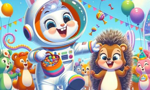 Un coniglietto bianco di nome Baffo, con grandi orecchie e un sorriso splendente, indossa un costume da astronauta fatto di cartone lucido. Salta di gioia, tenendo un sacco pieno di caramelle colorate, con gli occhi scintillanti di eccitazione. Accanto a lui c'è Pina, l'istrice, con il suo dorso appuntito e occhiali rotondi, che sorride agitando una piccola bandiera colorata. La scena si svolge in una piazza animata, decorata con palloncini multicolori e festoni scintillanti, dove animali in costume ballano e ridono sotto un cielo blu soleggiato. Al centro, Baffo e Pina partecipano a un concorso di costumi, circondati da amici felici, tutti entusiasti di festeggiare il carnevale.