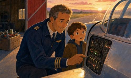 About 45-year-old male pilot with a kind smiling face and calm hands, wearing a navy pilot jacket with gold insignia, kneeling by the wing of a small silver plane inspecting instruments; Sam, an 8-year-old boy with short brown hair and curious wide eyes, stands by the cockpit watching the small indicator lights; an open red hangar with a few tools on a wooden crate and a gray asphalt runway stretching to the horizon; golden morning sky with soft pink clouds and low warm light casting long shadows and bright reflections on the wing; a calm pre-flight check showing small blinkers, analog gauges and a radio with lights; textured gouache style with visible brushstrokes, saturated-but-soft palette (navy, gold, silver gray, sky pink) and slightly blurred contours for a tender, reassuring atmosphere.