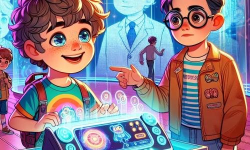 Een 12-jarig jongen, Finn, met krullend haar en nieuwsgierige ogen, staat in het midden van het podium met een brede glimlach terwijl hij de Droomprojector ontdekt. Hij draagt een kleurrijk t-shirt met futuristische patronen en een denim short. Naast hem kijkt zijn vriend Leo, een 12-jarig jongen met ronde bril en glad haar, aandachtig naar het apparaat, met gefronste wenkbrauwen, gefocust op de technologie. De locatie is een grote futuristische zaal met glazen wanden verlicht door kleurrijke neonlichten, vol met glinsterende gadgets en zwevende hologrammen. Achterin legt een wetenschapper in labjas de technologie uit aan een groep gefascineerde kinderen, wat een spannende sfeer toevoegt. Finn, verwonderd, gaat op de Droomprojector zitten, klaar om in een wereld van dromen te duiken, terwijl de menigte om hem heen vol spanning wacht op wat er gaat gebeuren.